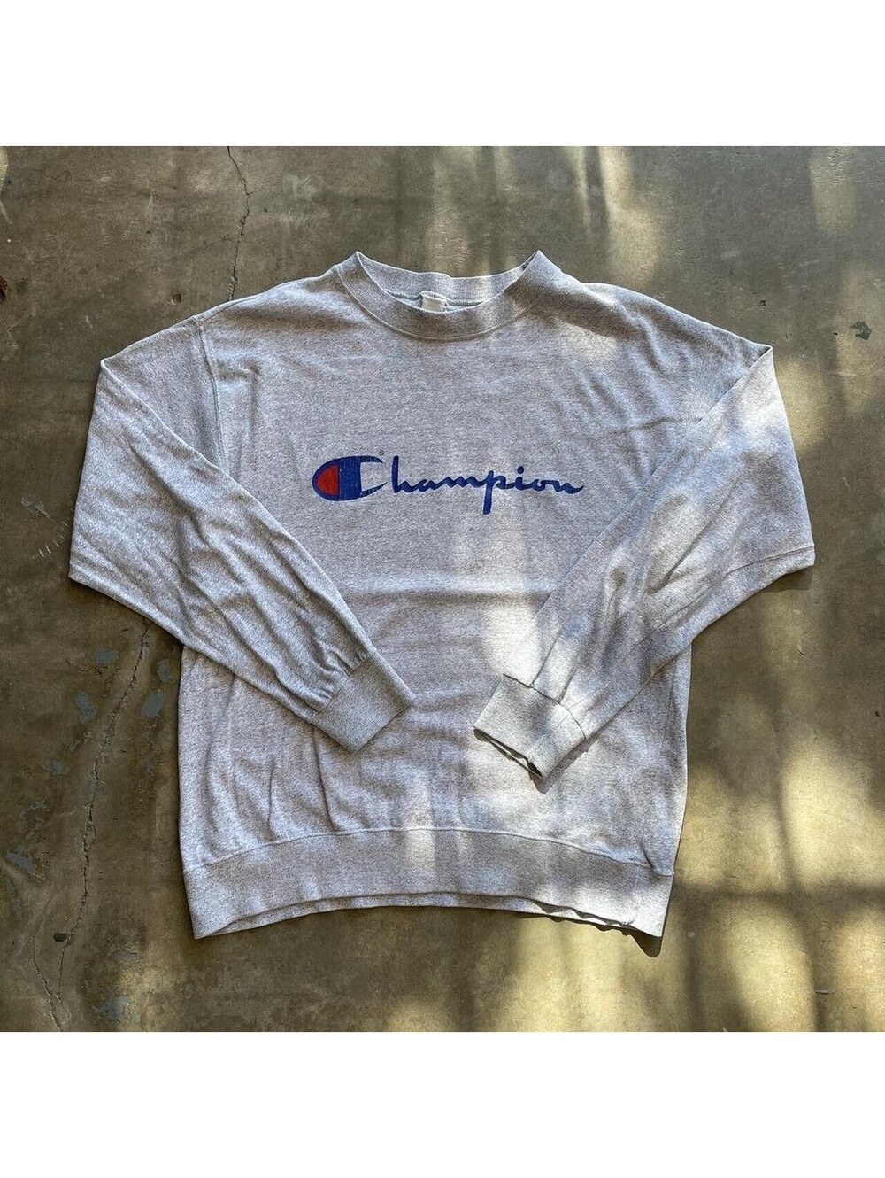 Vintage Champion Spell Out Long Sleeve T Shirt Mens Large Gray Script Big Logo